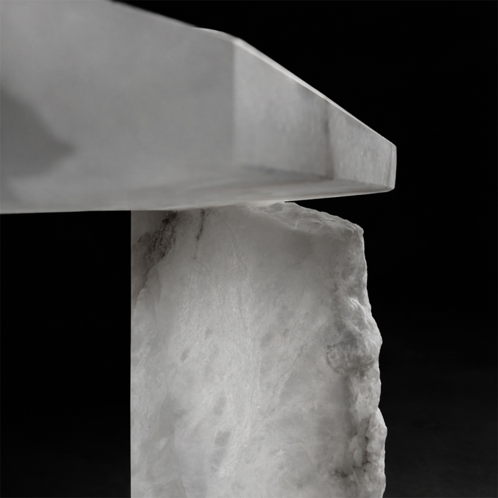 Architectural marble console with vertical stone shards and raw fractured edges