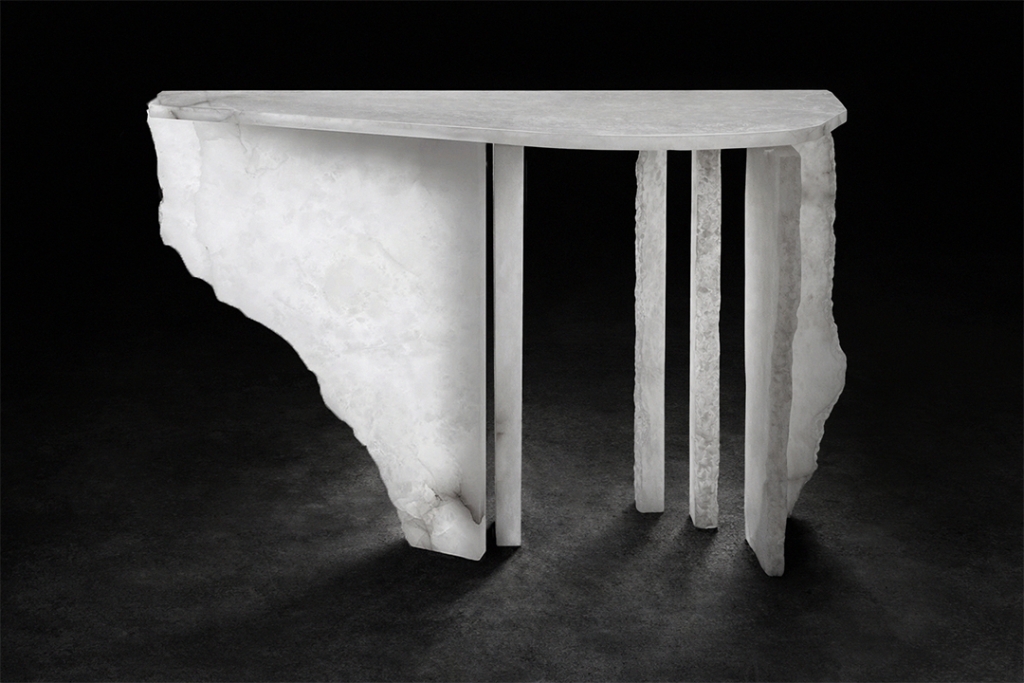 Sculptural stone console composed of fractured marble shards by Isac Elam Kaid