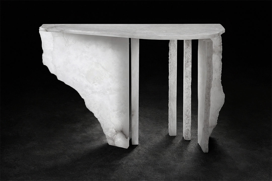 Sculptural stone console composed of fractured marble shards by Isac Elam Kaid