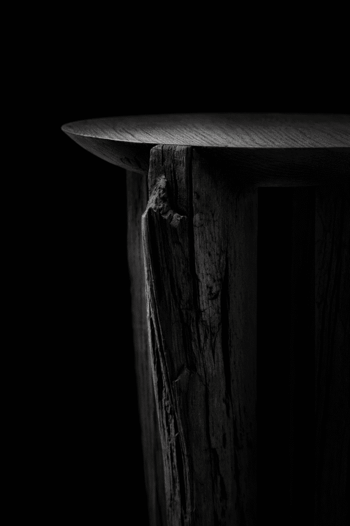 Close-up detail of a sculptural ebonized wood side table showing fractured timber, deep fissures, and burned surface texture in a dark minimal environment
