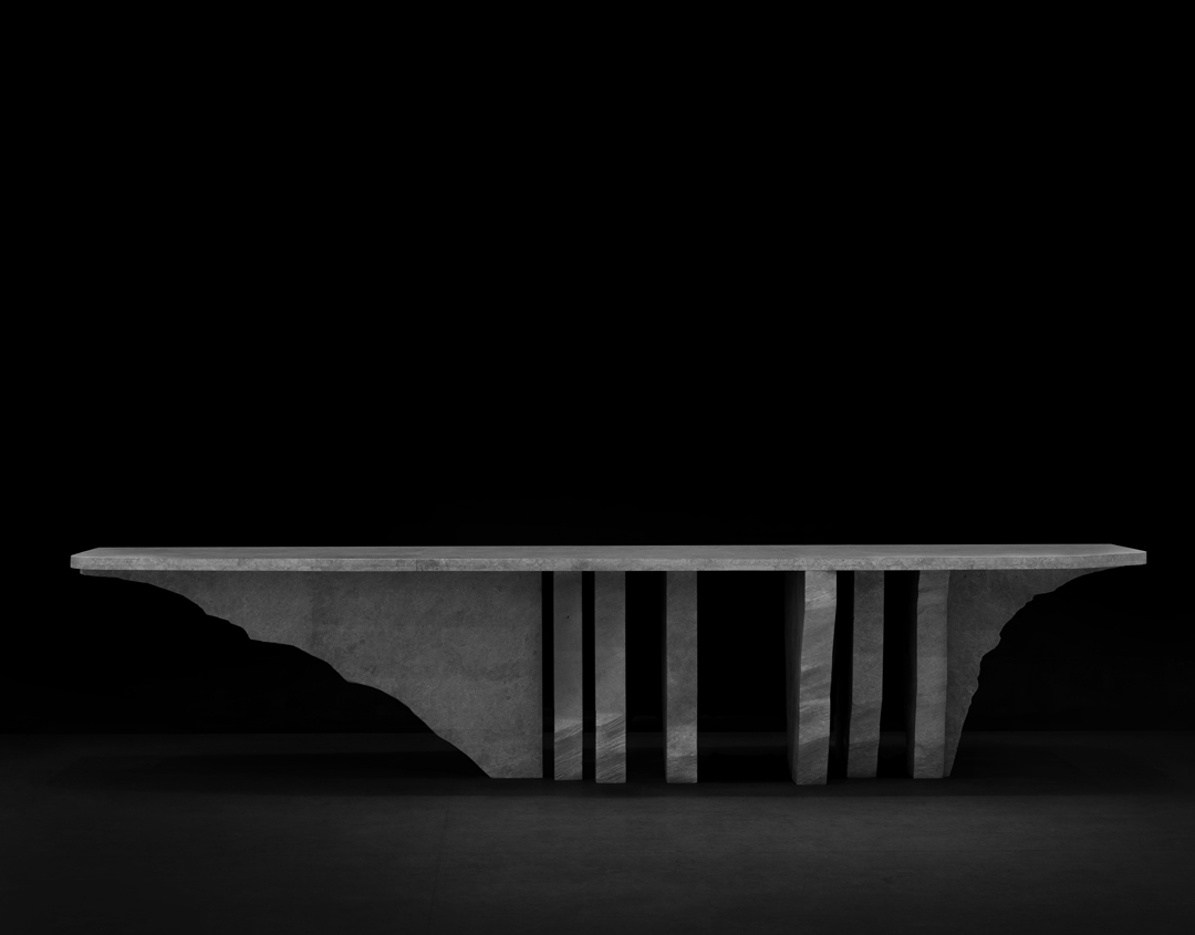 Monolithic Grey Tundra marble sculptural table by Isac Elam Kaid, K2319